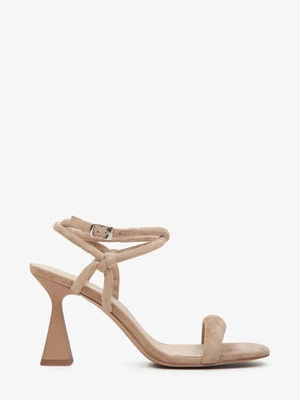 Estro: Beżowe skórzane sandały damskie ze skóry naturalnej i weluru na szpilce