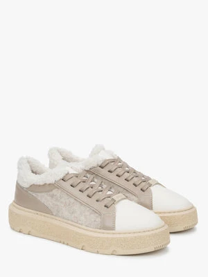 Estro: Beżowe trampki damskie na zimę ze skóry naturalnej z futrzanym wsadem