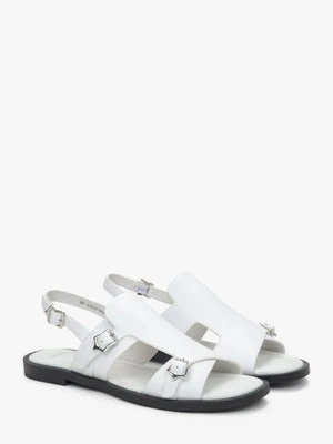Estro: Białe zabudowane sandały damskie na płaskiej podeszwie ze skóry naturalnej
