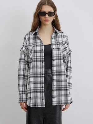Estro: Biało-czarna koszula damska w kratę z odpinanymi rękawami