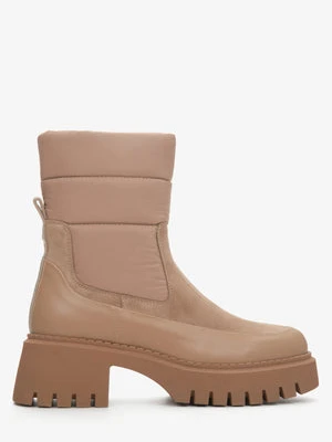 Estro: Brązowe botki damskie na zimę na stabilnej platformie z weluru i skóry