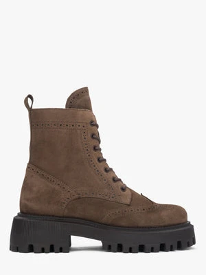 Estro: Brązowe botki damskie z włoskiego weluru naturalnego ze sznurowaniem