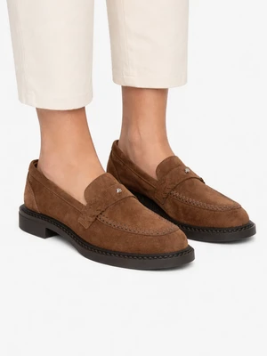 Estro: Brązowe loafersy damskie typu Penny z włoskiego weluru naturalnego Premium