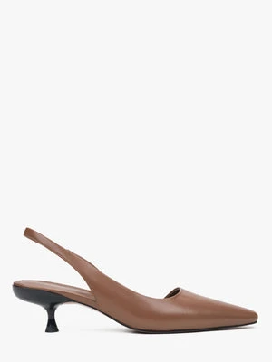 Estro: Brązowe skórzane czółenka damskie na niskim obcasie typu slingback