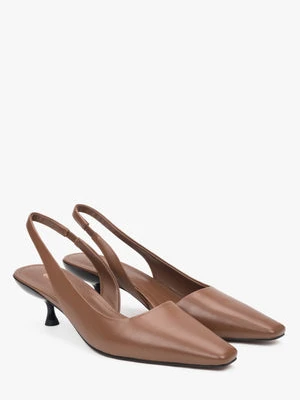 Estro: Brązowe skórzane czółenka damskie na niskim obcasie typu slingback