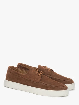 Estro: Brązowe sznurowane mokasyny męskie z włoskiego weluru naturalnego Premium