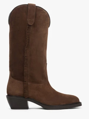 Estro: Brązowe wysokie kowbojki damskie z włoskiego weluru naturalnego Premium