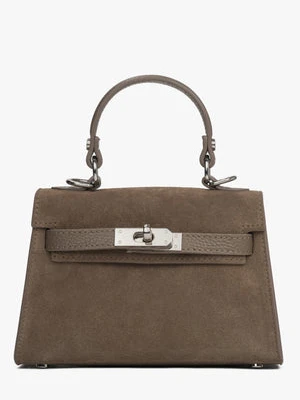 Estro: Ciemnobeżowa torebka damska kuferek z włoskiego weluru Premium ze srebrnymi okuciami