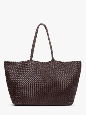 Estro: Ciemnobrązowa shopperka damska z plecionej skóry naturalnej