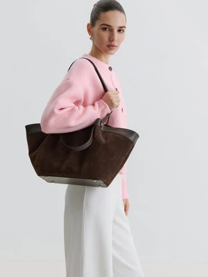 Estro: Ciemnobrązowa shopperka damska z włoskiego weluru naturalnego Premium