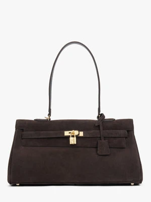 Estro: Ciemnobrązowa torba damska na ramię z weluru naturalnego ze złotymi okuciami