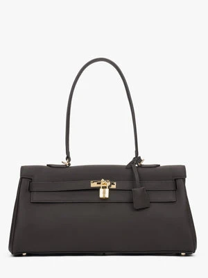 Estro: Ciemnobrązowa torba damska na ramię ze złotymi okuciami