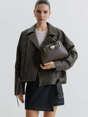 Estro: Ciemnobrązowa torebka damska do ręki typu kuferek z włoskiej skóry naturalnej Premium