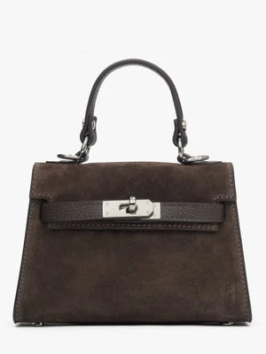 Estro: Ciemnobrązowa torebka damska kuferek z włoskiego weluru Premium ze srebrnymi okuciami