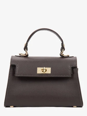 Estro: Ciemnobrązowa torebka damska kuferek z włoskiej skóry naturalnej Premium ze złotymi okuciami