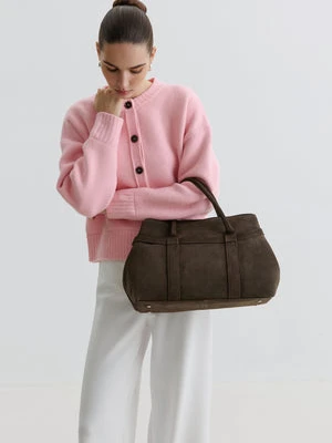 Estro: Ciemnobrązowa torebka damska na ramię typu tote z włoskiego weluru naturalnego Premium