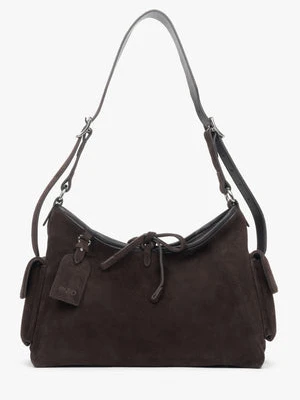 Estro: Ciemnobrązowa torebka damska na ramię z miękkiego weluru naturalnego