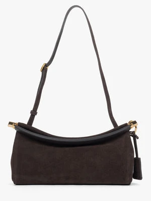 Estro: Ciemnobrązowa torebka damska na ramię z weluru naturalnego ze złotymi okuciami