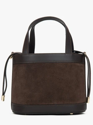 Estro: Ciemnobrązowa torebka damska typu kuferek z naturalnego włoskiego weluru i skóry