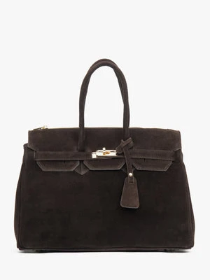 Estro: Ciemnobrązowa torebka damska typu kuferek z włoskiego weluru naturalnego Premium