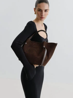 Estro: Ciemnobrązowa torebka damska typu łódka z włoskiego weluru naturalnego Premium