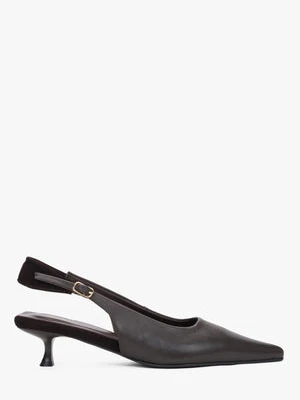 Estro: Ciemnobrązowe czółenka damskie typu slingback na obcasie kitten heel