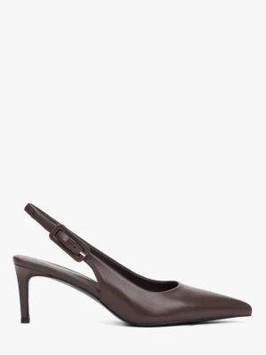Estro: Ciemnobrązowe czółenka damskie typu slingback ze skóry naturalnej na stabilnej szpilce