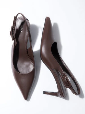 Estro: Ciemnobrązowe czółenka damskie typu slingback ze skóry naturalnej na stabilnej szpilce