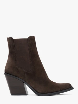 Estro: Ciemnobrązowe kowbojki damskie na obcasie z włoskiego weluru naturalnego Premium