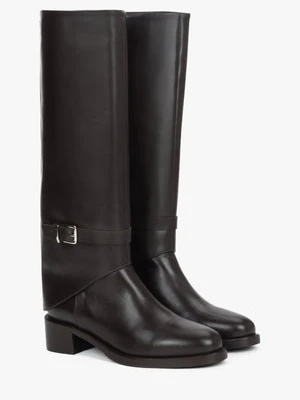 Estro: Ciemnobrązowe kozaki - botki 2 w 1 ze skóry naturalnej z ozdobną sprzączką