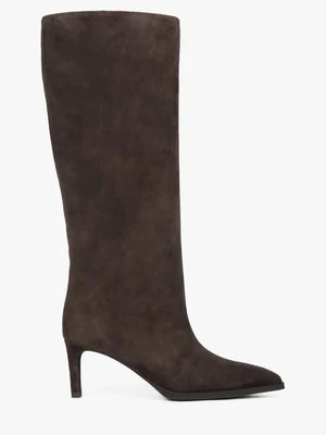 Estro: Ciemnobrązowe kozaki damskie na obcasie z weluru naturalnego