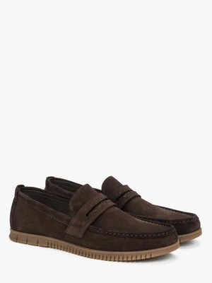 Estro: Ciemnobrązowe mokasyny męskie z włoskiego weluru naturalnego Premium