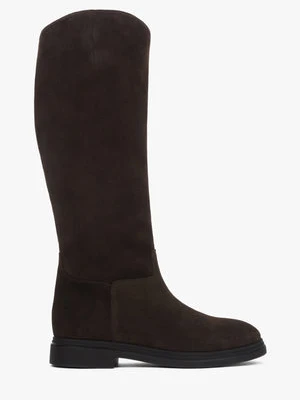 Estro: Ciemnobrązowe ocieplane kozaki damskie z włoskiego weluru naturalnego Premium