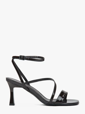 Estro: Ciemnobrązowe sandałki damskie na obcasie z lakierowanej skóry naturalnej