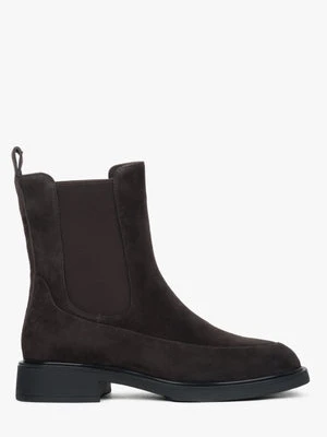 Estro: Ciemnobrązowe sztyblety damskie z elastyczną wstawką z naturalnego weluru