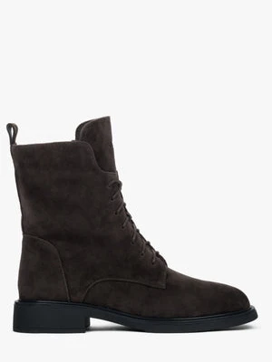 Estro: Ciemnobrązowe welurowe trzewiki damskie na zimę z futrzanym wsadem