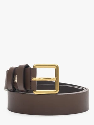 Estro: Ciemnobrązowy pasek damski skórzany ze złotą sprzączką i ściętym końcem