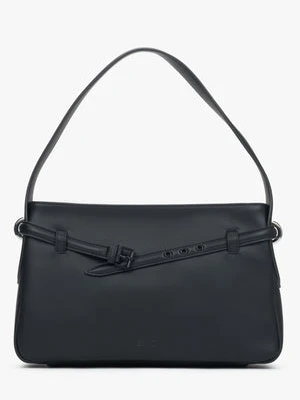Estro: Czarna torebka damska na ramię ze skóry naturalnej z ozdobnym paskiem