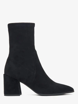 Estro: Czarne botki damskie na słupku z weluru naturalnego z elastyczną cholewą