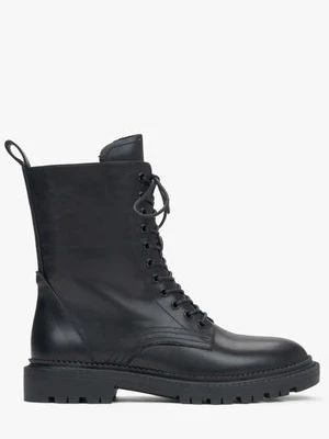 Estro: Czarne botki damskie ze skóry naturalnej z ozdobnym sznurowaniem