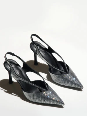 Estro: Czarne czółenka damskie typu slingback z kryształkami