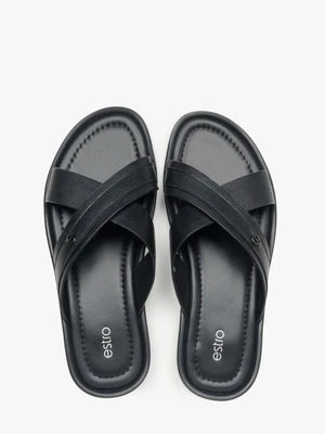 Estro: Czarne klapki męskie ze skóry naturalnej z szerokimi paskami na krzyż