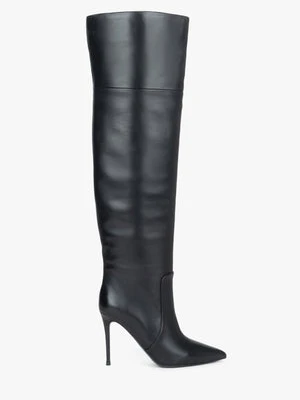 Estro: Czarne kozaki damskie na szpilce nad kolano z elastycznej skóry naturalnej