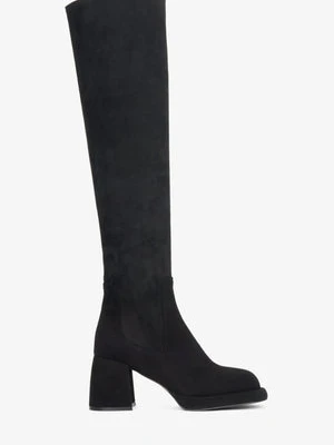 Estro: Czarne kozaki damskie z elastyczną cholewą z weluru naturalnego