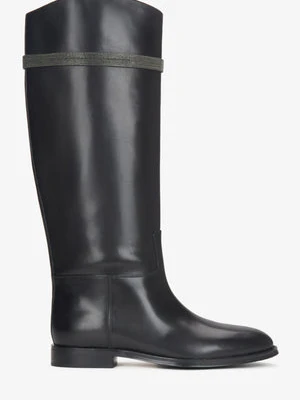 Estro: Czarne kozaki damskie z szeroką cholewą i ornamentem ze skóry naturalnej