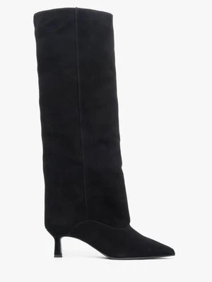 Estro: Czarne kozaki damskie z weluru naturalnego na niskim obcasie kielichowym