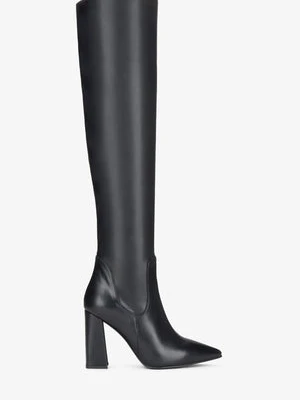 Estro: Czarne kozaki damskie za kolano na słupku z czubkiem w szpic