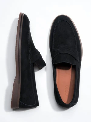 Estro: Czarne mokasyny męskie z weluru naturalnego na miękkiej podeszwie