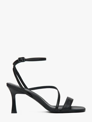 Estro: Czarne sandałki damskie na obcasie ze skóry naturalnej