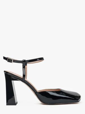 Estro: Czarne sandałki damskie na słupku z lakierowanej skóry naturalnej